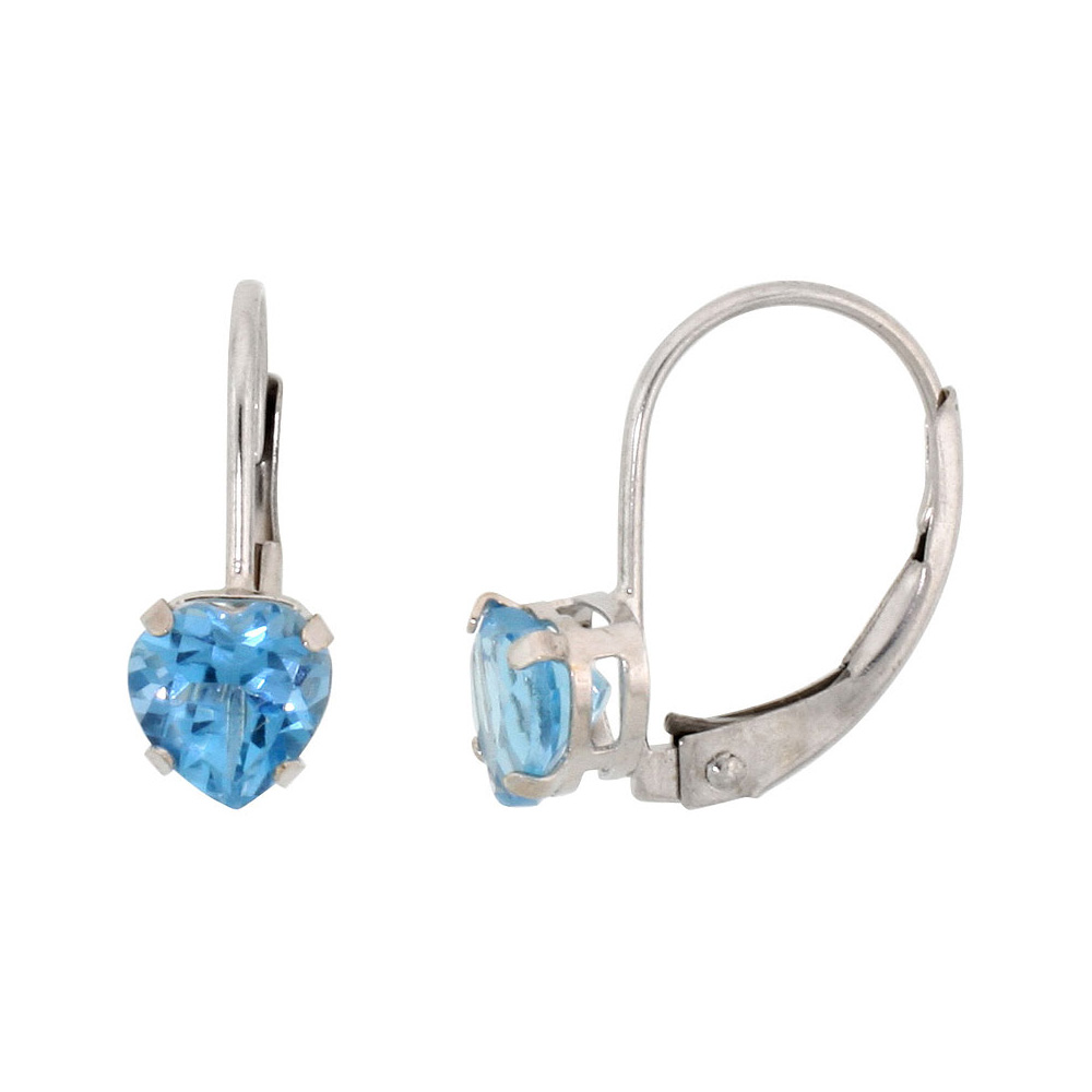 10k White/Yellow Gold Natural Blue Topaz Leverback Earrings 5mm Heart Shape 1 ct, 9/16 inch