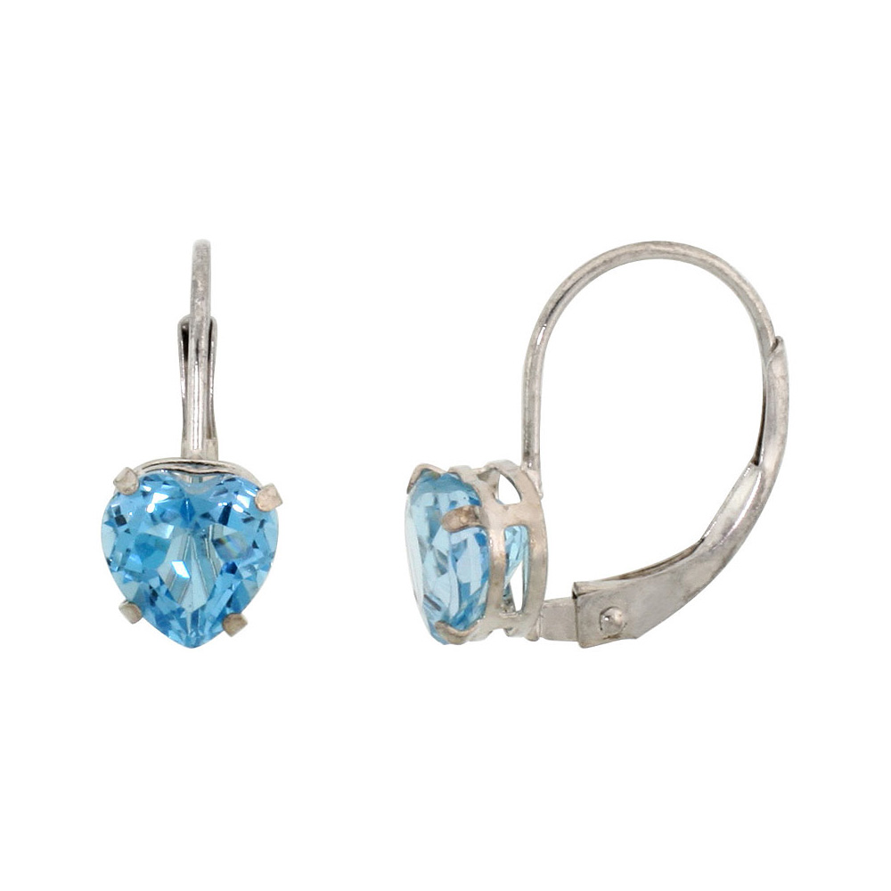 10k White/Yellow Gold Natural Blue Topaz Leverback Earrings 6mm Heart Shape 1.5 ct, 9/16 inch