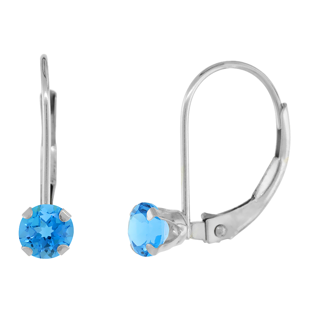 10K WHITE GOLD NATURAL SWISS BLUE TOPAZ LEVERBACK EARRINGS 4MM ROUND 0.50 CT, 9/16 INCH