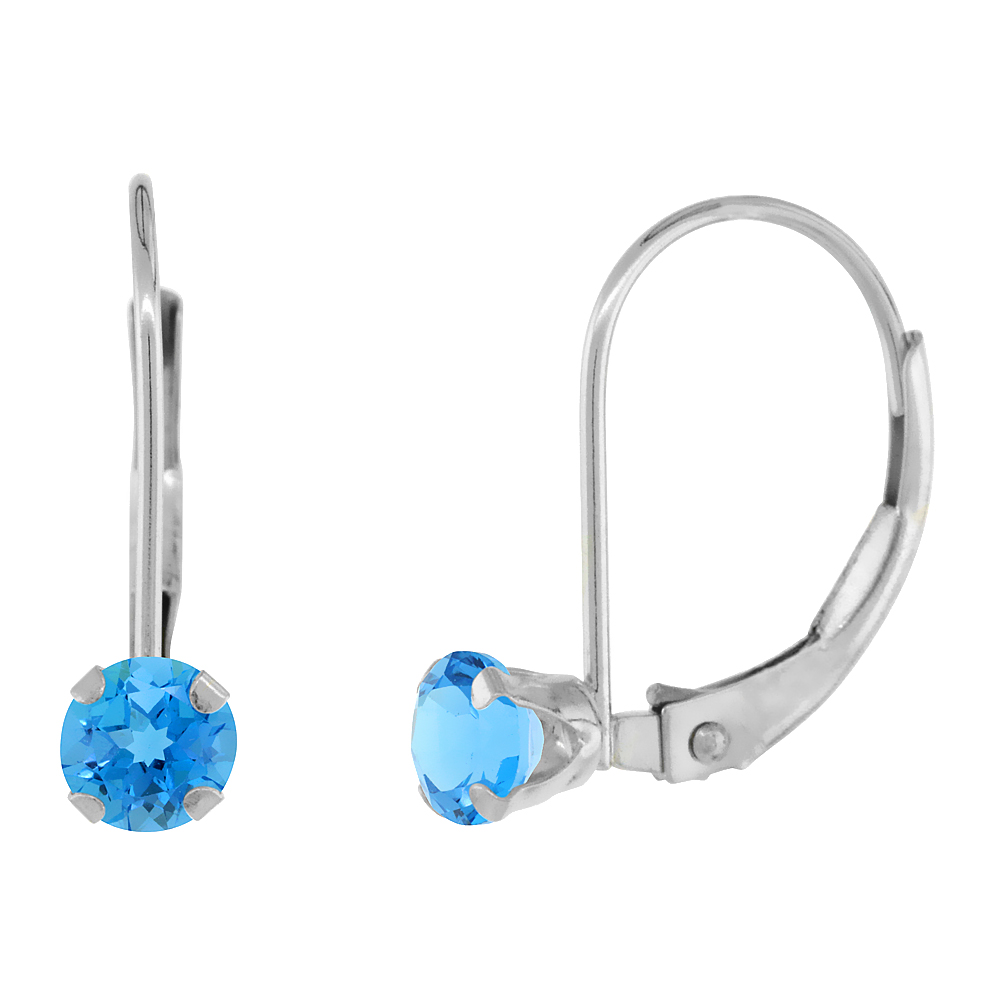 10k White Gold Natural Swiss Blue Topaz Leverback Earrings 4mm Round 0.50 ct, 9/16 inch