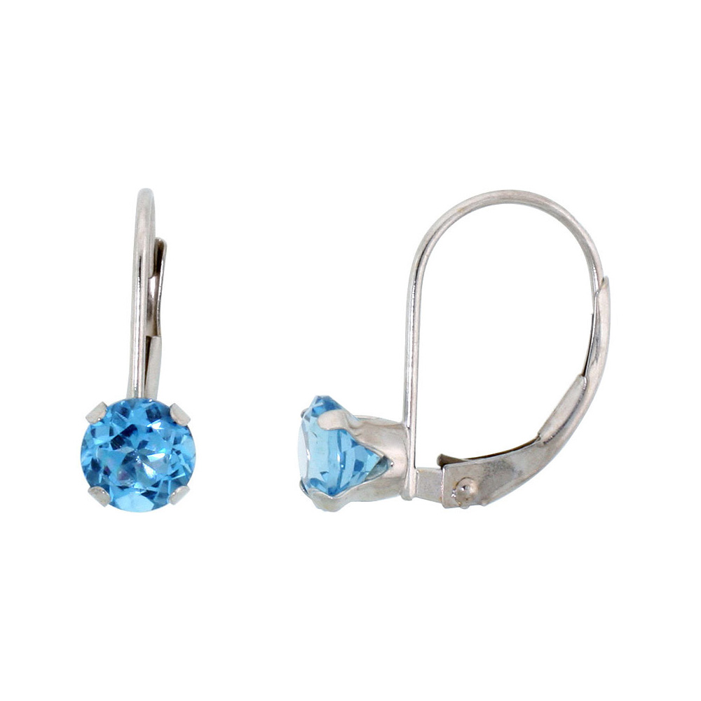 10K WHITE GOLD NATURAL SWISS BLUE TOPAZ LEVERBACK EARRINGS 5MM ROUND 1 CT, 9/16 INCH