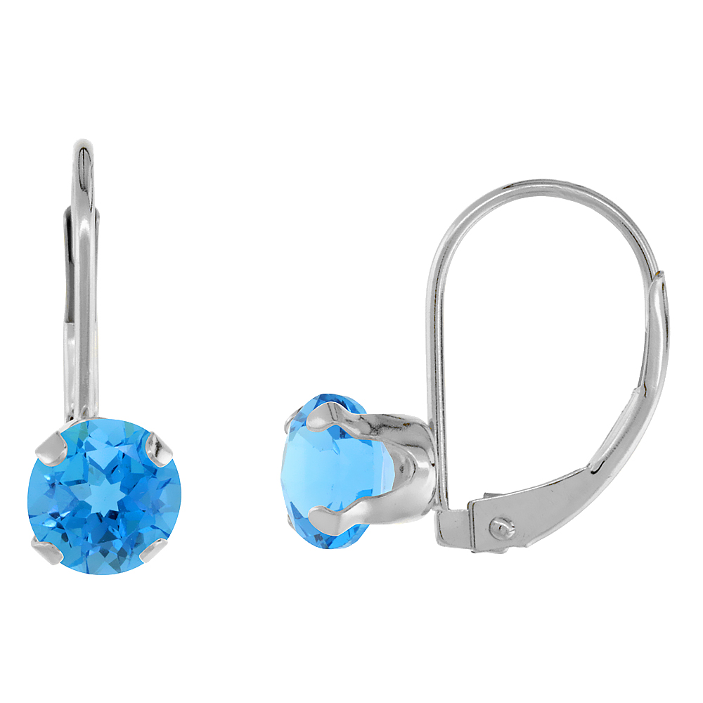 10k White Gold Natural Swiss Blue Topaz Leverback Earrings 6mm Round 1.5 ct, 9/16 inch