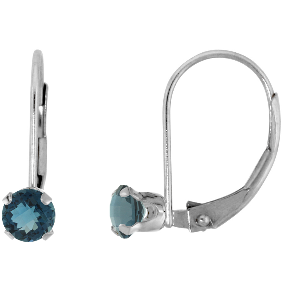 10K WHITE GOLD NATURAL LONDON BLUE TOPAZ LEVERBACK EARRINGS 3MM ROUND 0.22 CT, 9/16 INCH