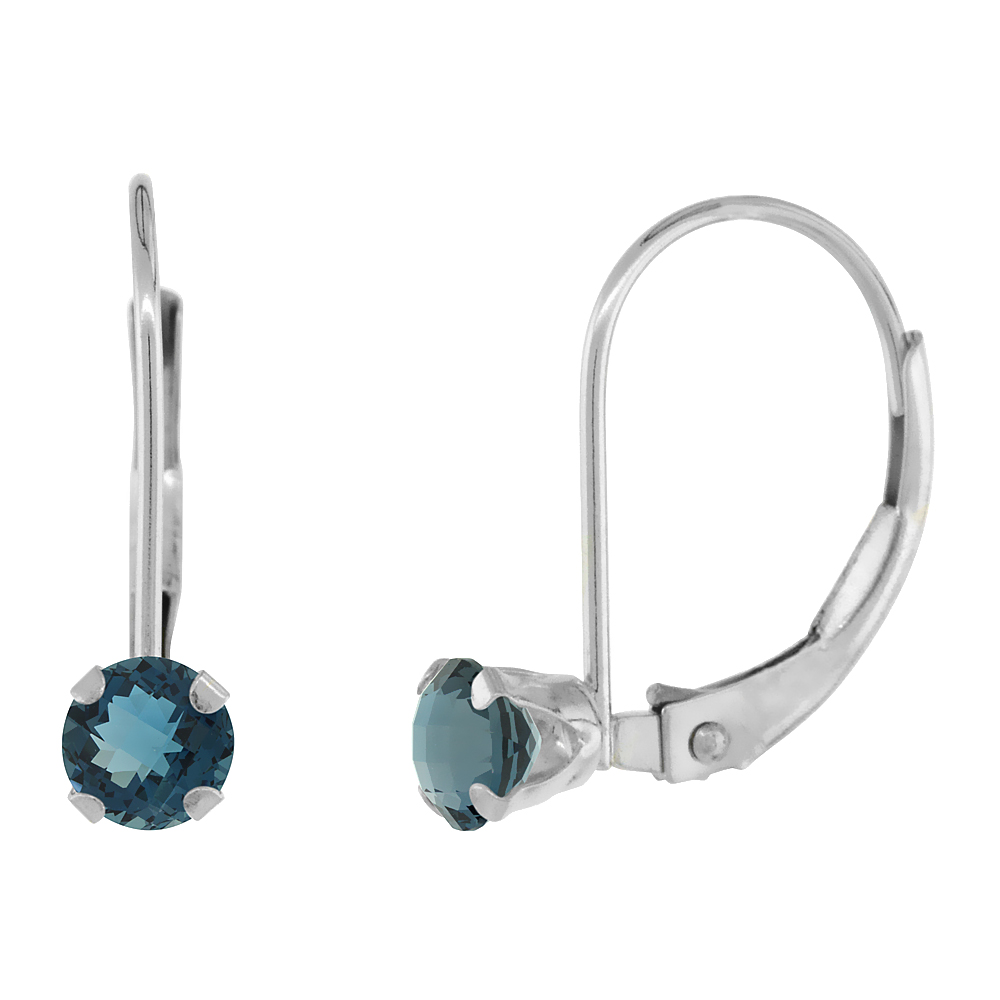 10K WHITE GOLD NATURAL LONDON BLUE TOPAZ LEVERBACK EARRINGS 4MM ROUND 0.50 CT, 9/16 INCH