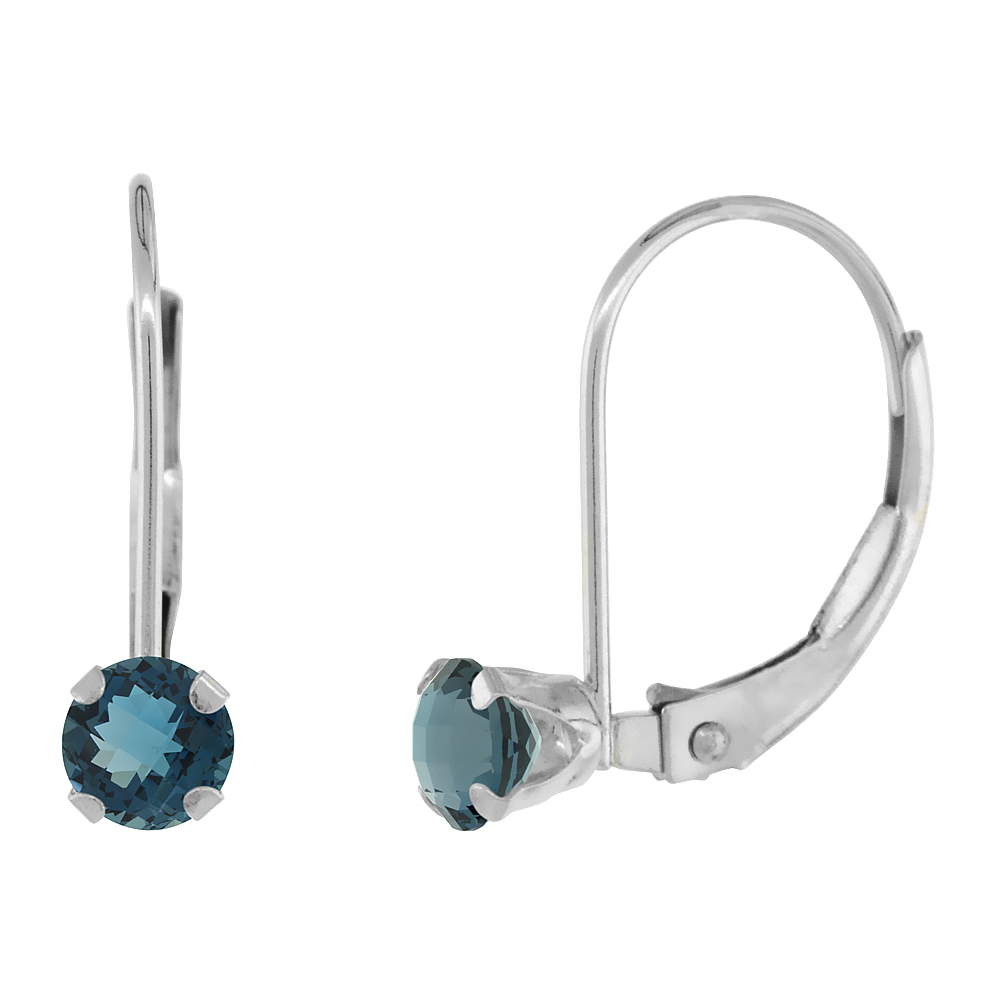 10k White Gold Natural London Blue Topaz Leverback Earrings 4mm Round 0.50 ct, 9/16 inch