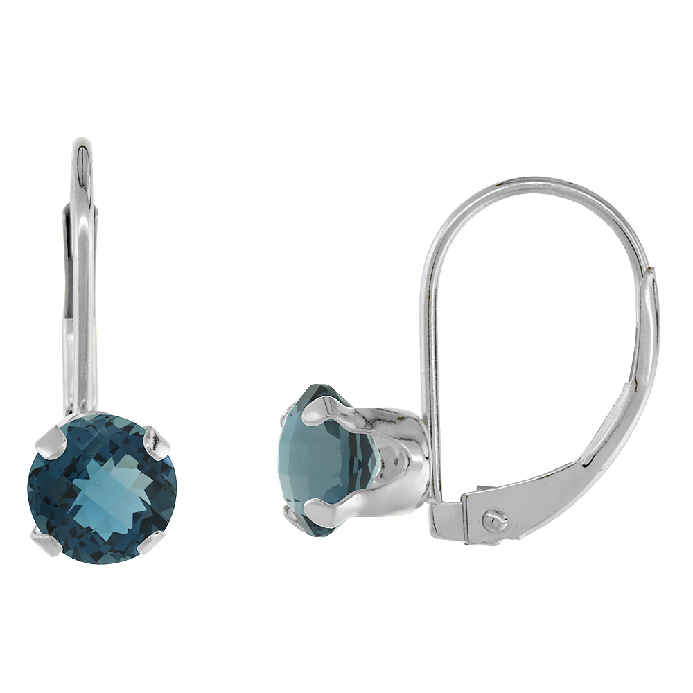 10K WHITE GOLD NATURAL LONDON BLUE TOPAZ LEVERBACK EARRINGS 6MM ROUND 1.5 CT, 9/16 INCH