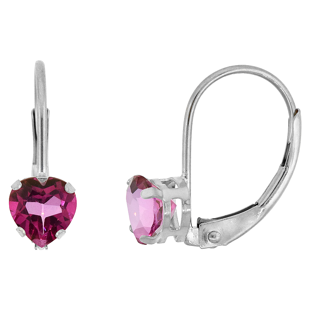 10k White Gold Natural Pink Topaz Leverback Earrings 5mm Heart Shape 1 ct, 9/16 inch