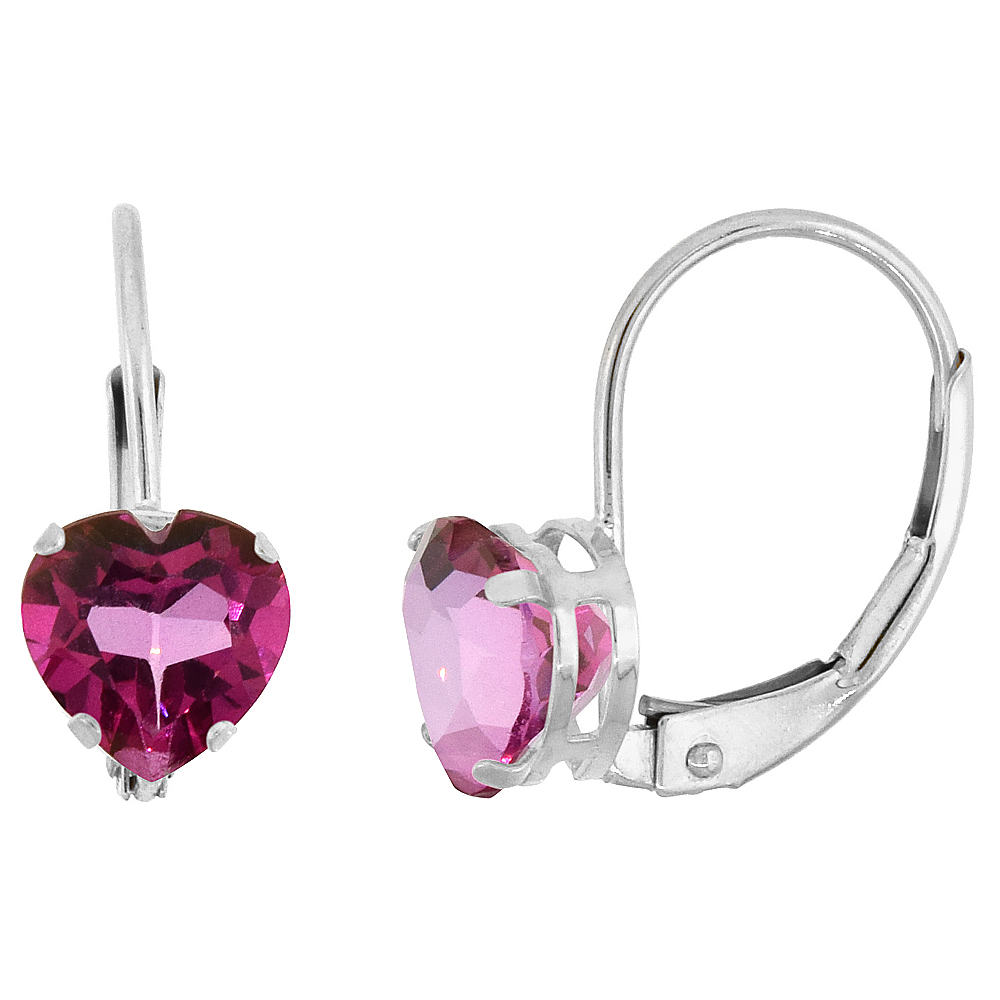 10k White Gold Natural Pink Topaz Leverback Earrings 6mm Heart Shape 1.5 ct, 9/16 inch