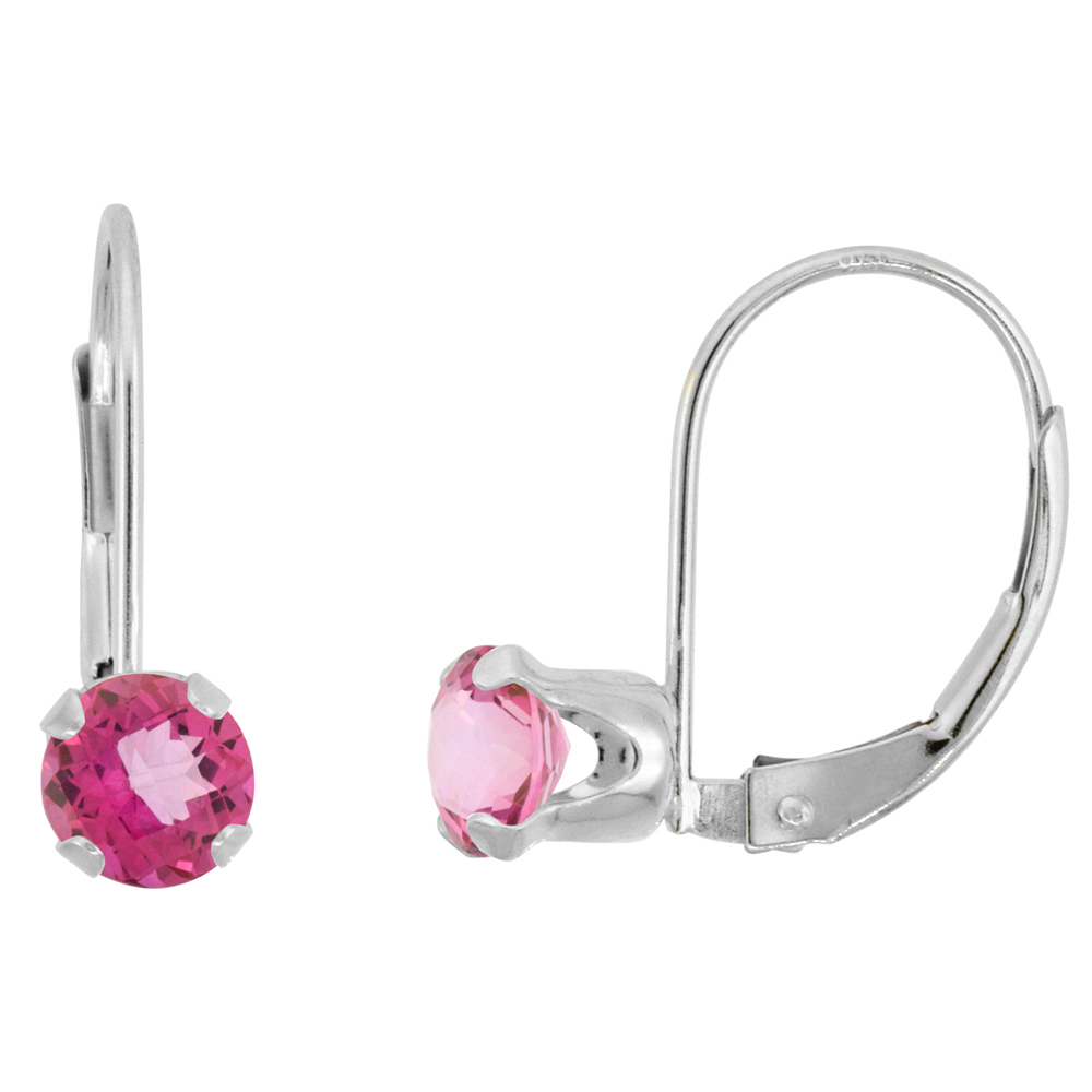 10k White Gold Natural Pink Topaz Leverback Earrings 5mm Round 1 ct, 9/16 inch