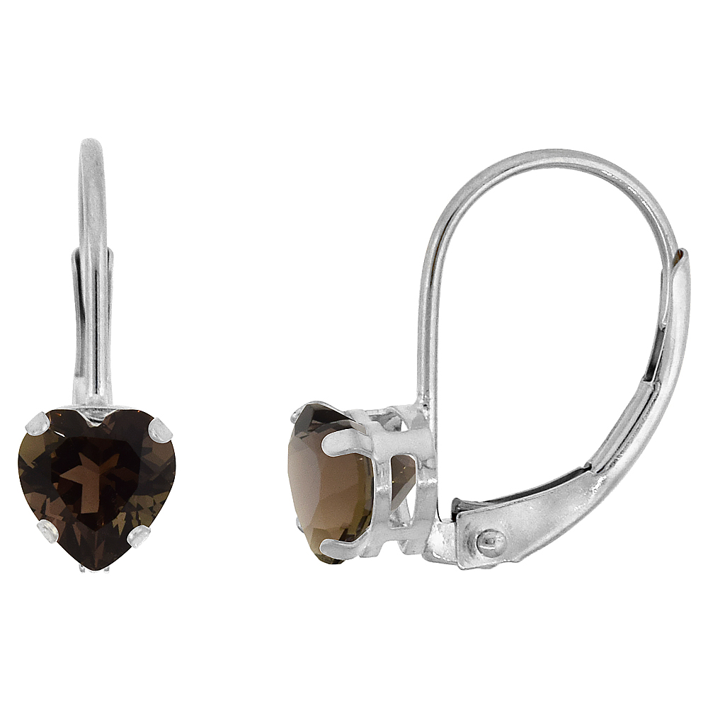 10k White Gold Natural Smoky Topaz Leverback Earrings 5mm Heart Shape 1 ct, 9/16 inch