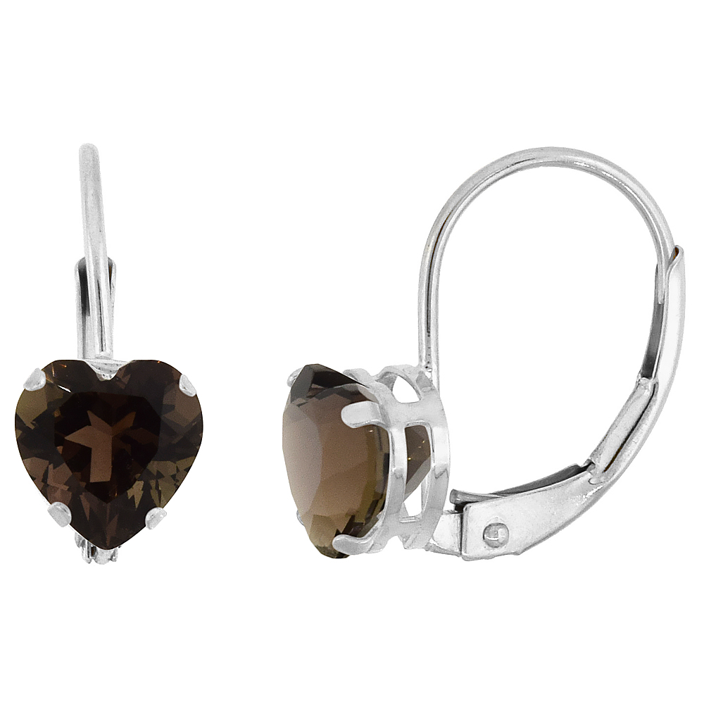 10K WHITE GOLD NATURAL SMOKY TOPAZ LEVERBACK EARRINGS 6MM HEART SHAPE 1.5 CT, 9/16 INCH