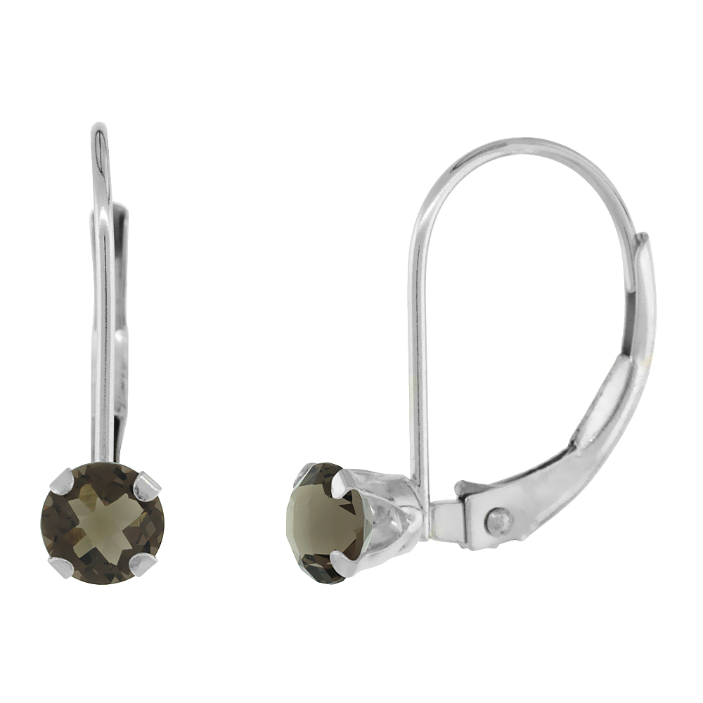 10K WHITE GOLD NATURAL SMOKY TOPAZ LEVERBACK EARRINGS 4MM ROUND 0.50 CT, 9/16 INCH