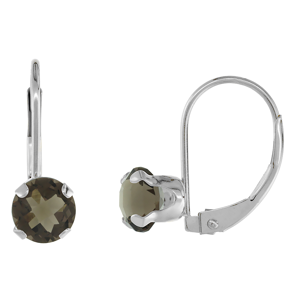 10K WHITE GOLD NATURAL SMOKY TOPAZ LEVERBACK EARRINGS 6MM ROUND 1.5 CT, 9/16 INCH