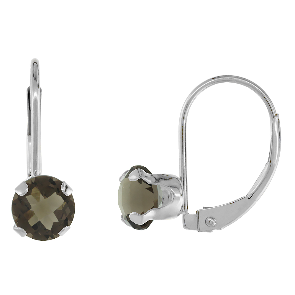 10k White Gold Natural Smoky Topaz Leverback Earrings 6mm Round 1.5 ct, 9/16 inch