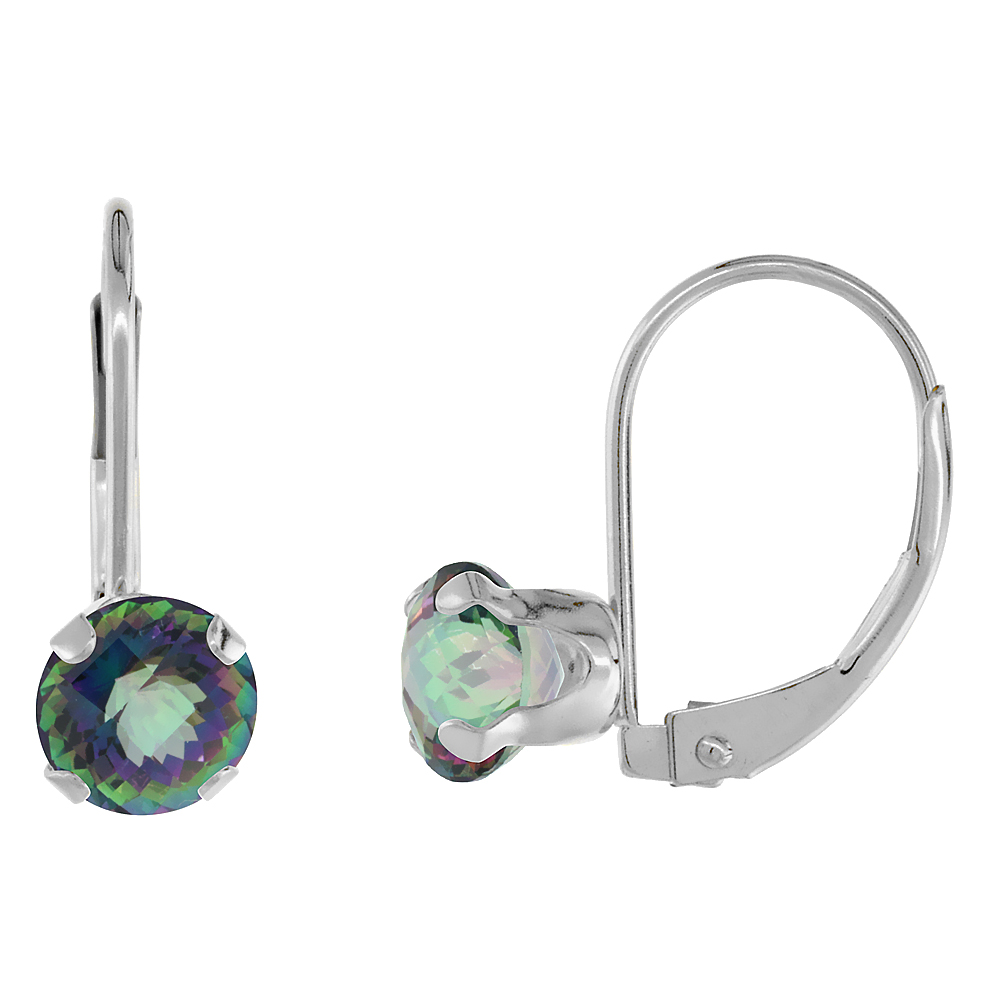 10k White Gold Natural Mystic Topaz Leverback Earrings 6mm Round 1.5 ct, 9/16 inch