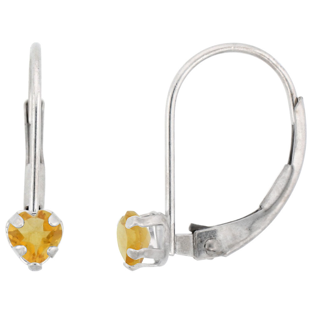 10k White/Yellow Gold Natural Citrine Leverback Earrings 4mm Heart Shape 0.50 ct, 9/16 inch