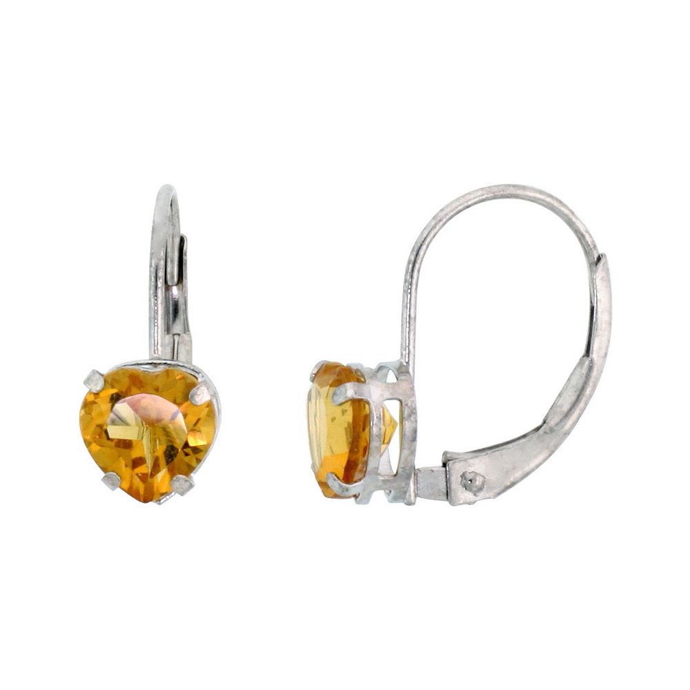 10k White Gold Natural Citrine Leverback Earrings 6mm Heart Shape 1.5 ct, 9/16 inch