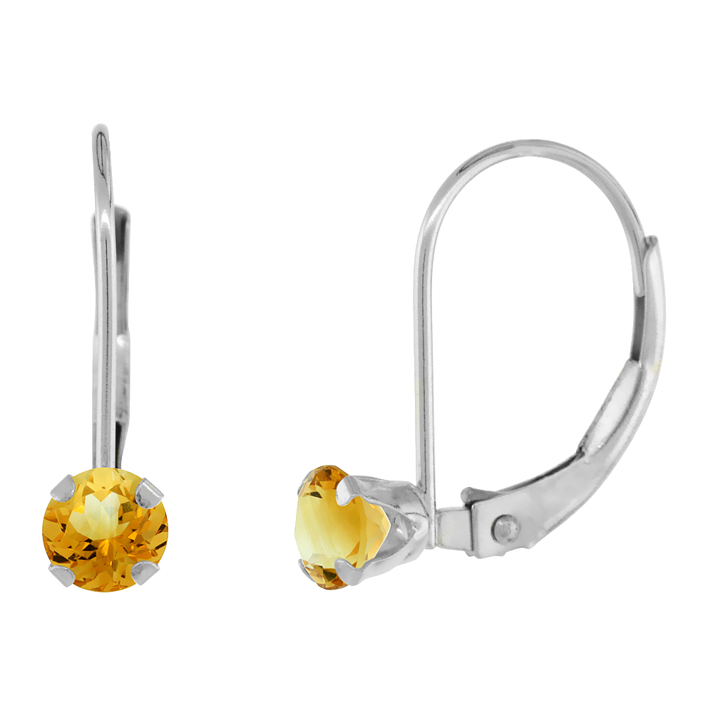 10k White Gold Natural Citrine Leverback Earrings 4mm Round 0.50 ct, 9/16 inch