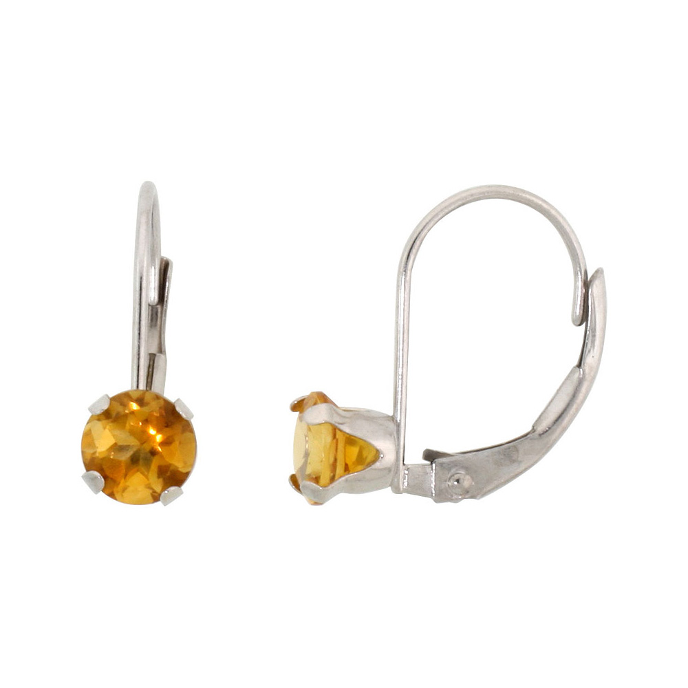10k White Gold Natural Citrine Leverback Earrings 5mm Round 1 ct, 9/16 inch