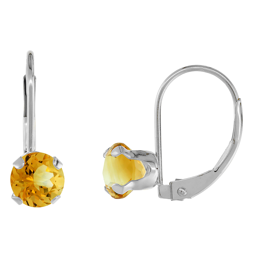 10K WHITE GOLD NATURAL CITRINE LEVERBACK EARRINGS 6MM ROUND 1.5 CT, 9/16 INCH