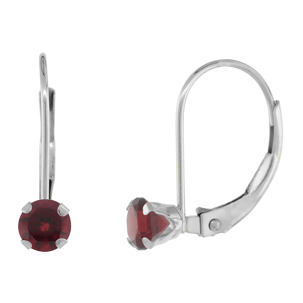 10k White Gold Natural Garnet Leverback Earrings 4mm Round 0.50 ct, 9/16 inch