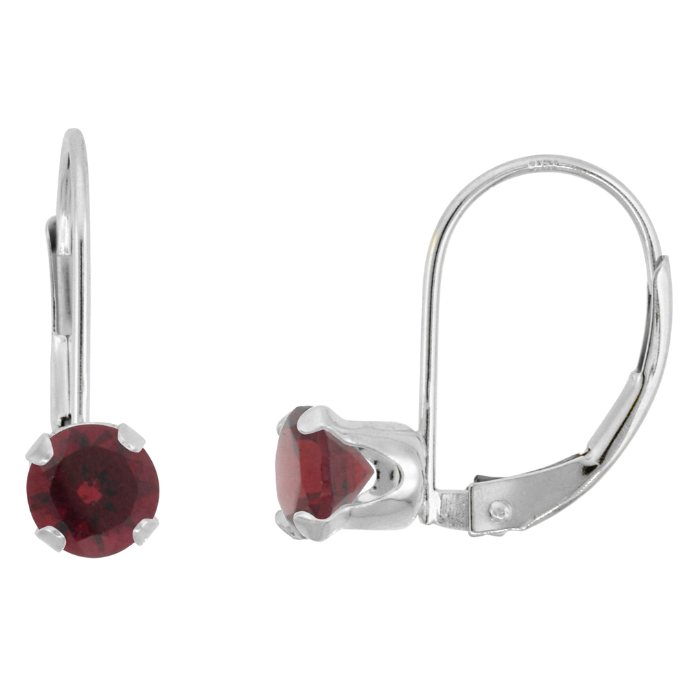 10k White Gold Natural Garnet Leverback Earrings 5mm Round 1 ct, 9/16 inch