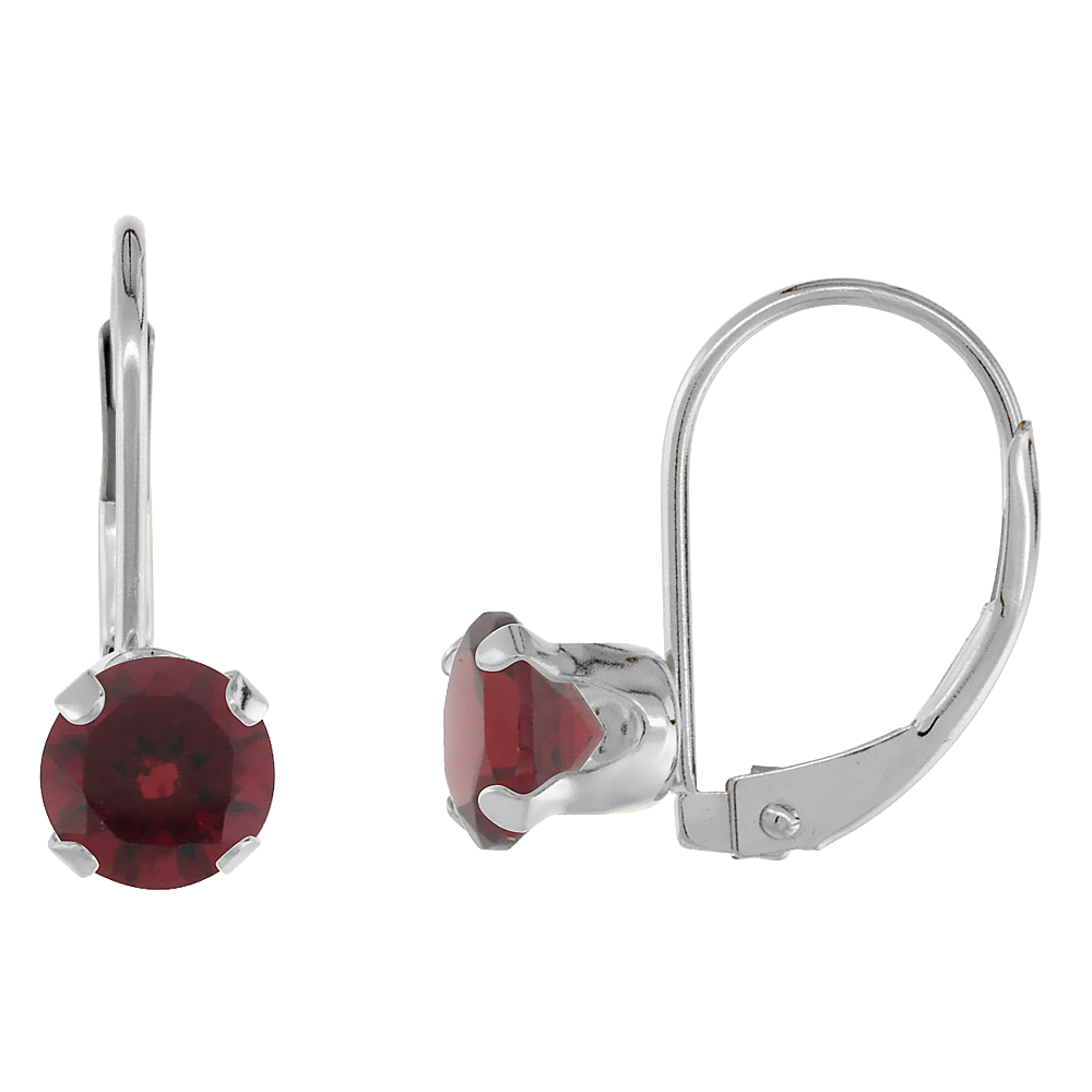 10k White Gold Natural Garnet Leverback Earrings 6mm Round 1.5 ct, 9/16 inch