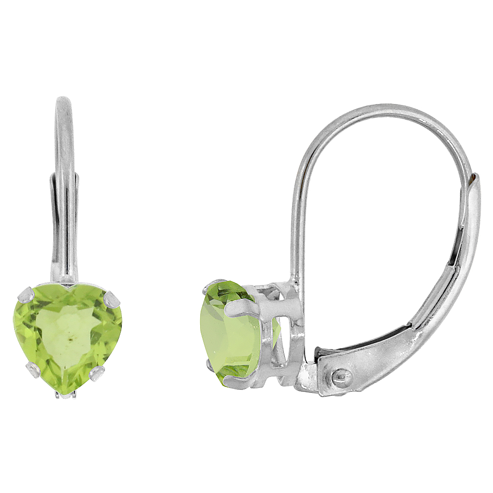 10K WHITE GOLD NATURAL PERIDOT LEVERBACK EARRINGS 5MM HEART SHAPE 1 CT, 9/16 INCH