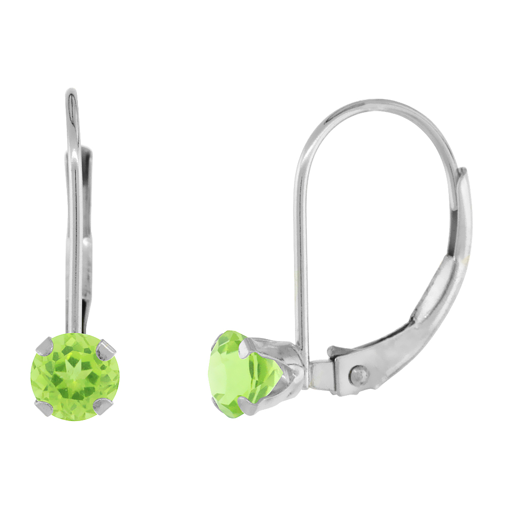 10k White Gold Natural Peridot Leverback Earrings 4mm Round 0.50 ct, 9/16 inch