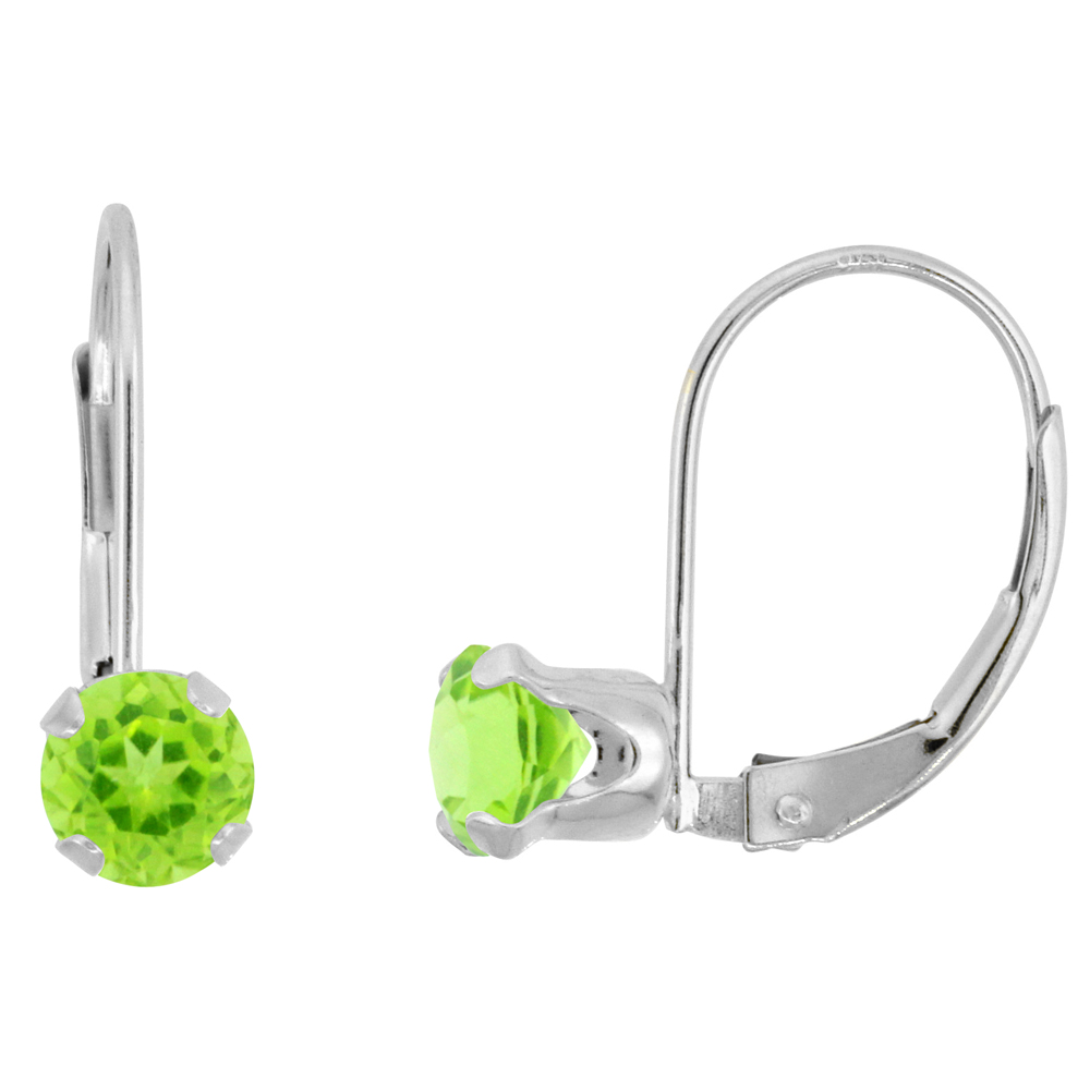 10k White Gold Natural Peridot Leverback Earrings 5mm Round 1 ct, 9/16 inch