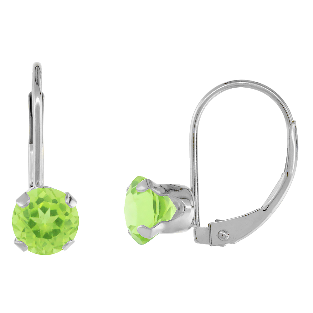 10K WHITE GOLD NATURAL PERIDOT LEVERBACK EARRINGS 6MM ROUND 1.5 CT, 9/16 INCH