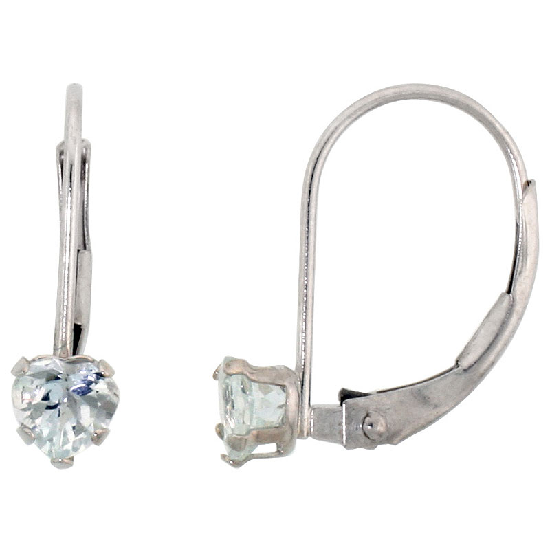 10k White/Yellow Gold Natural Aquamarine Leverback Earrings 4mm Heart Shape 0.50 ct, 9/16 inch