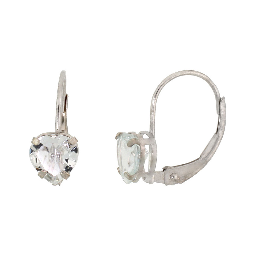 10k White/Yellow Gold Natural Aquamarine Leverback Earrings 6mm Heart Shape 1.5 ct, 9/16 inch