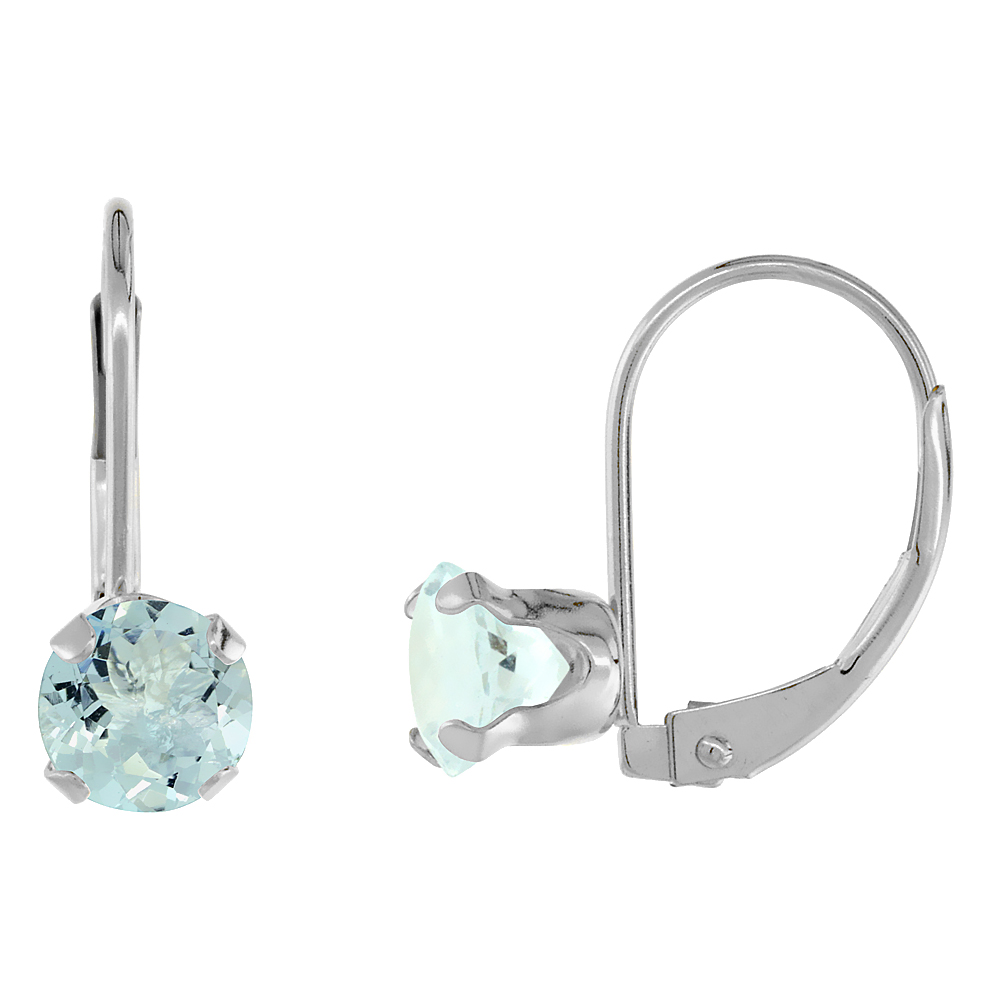 10k White Gold Natural Aquamarine Leverback Earrings 6mm Round 1.5 ct, 9/16 inch