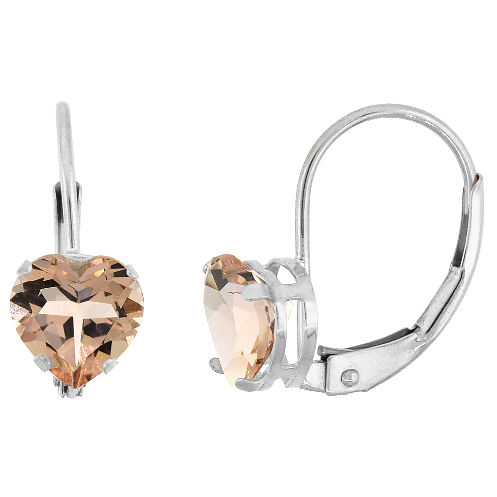 10k White/Yellow Gold Natural Morganite Leverback Earrings 6mm Heart Shape 1.5 ct, 9/16 inch