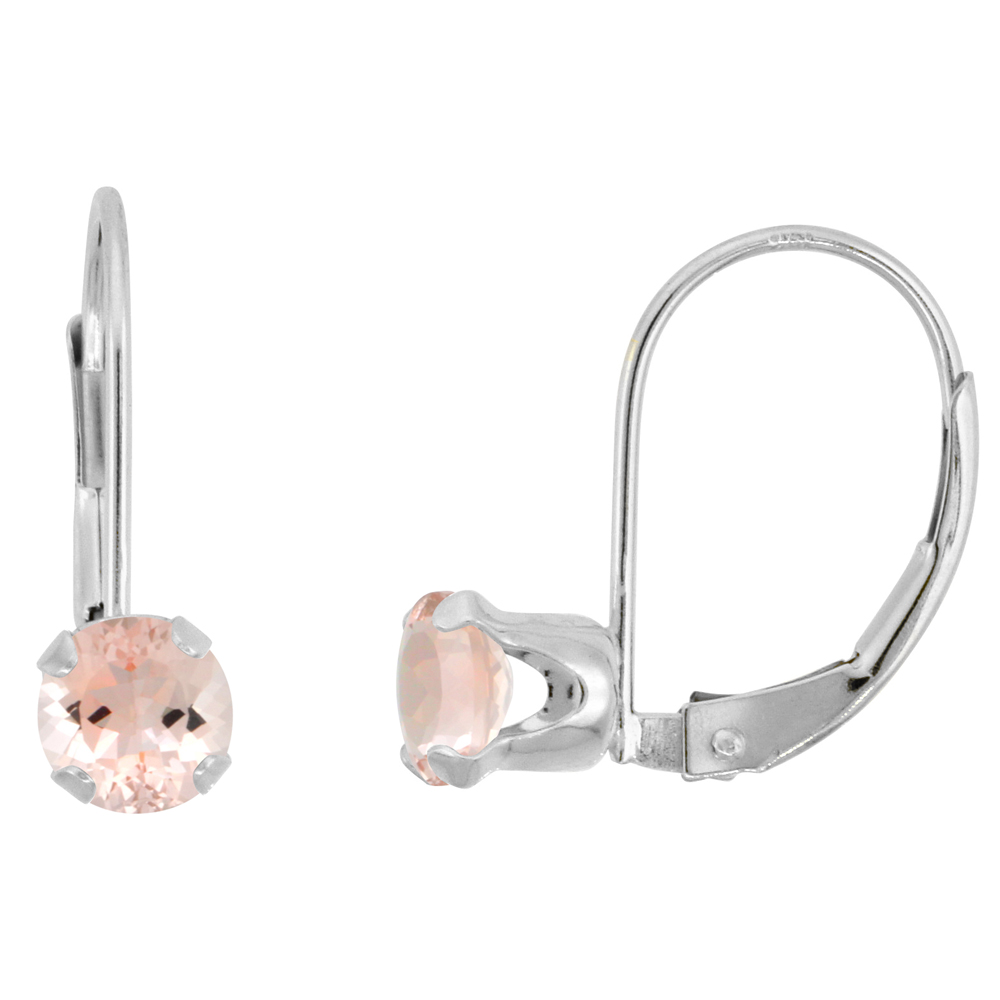 10k White Gold Natural Morganite Leverback Earrings 5mm Round 1 ct, 9/16 inch
