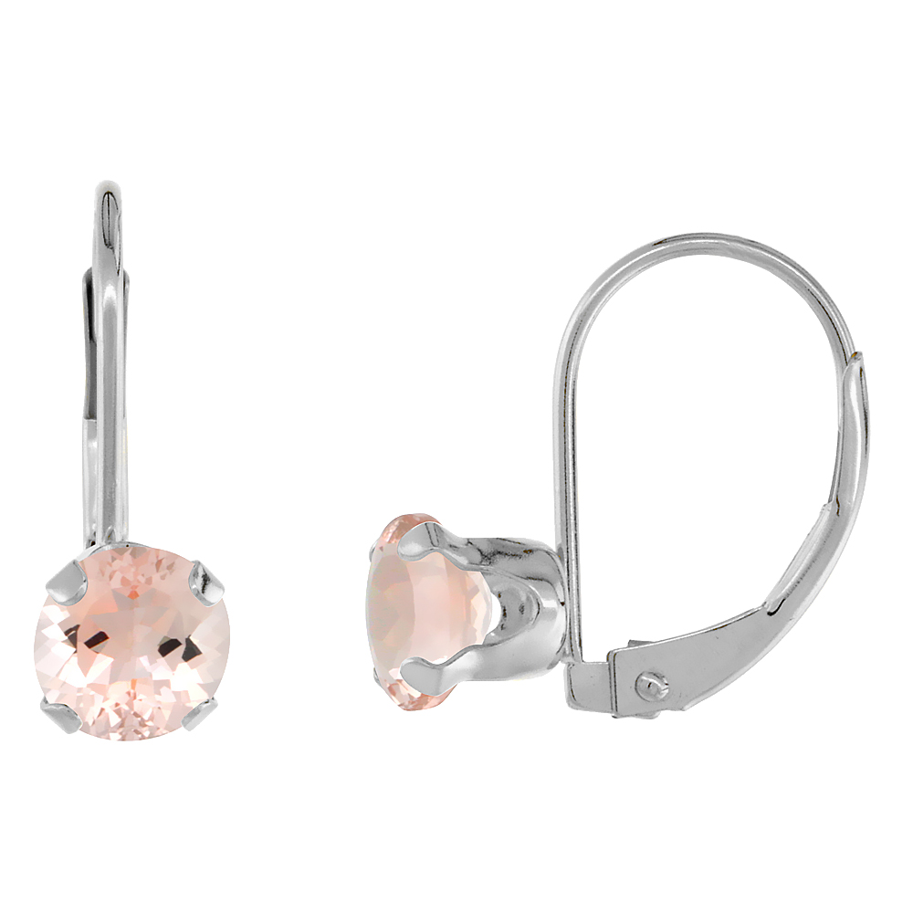 10K WHITE GOLD NATURAL MORGANITE LEVERBACK EARRINGS 6MM ROUND 1.5 CT, 9/16 INCH