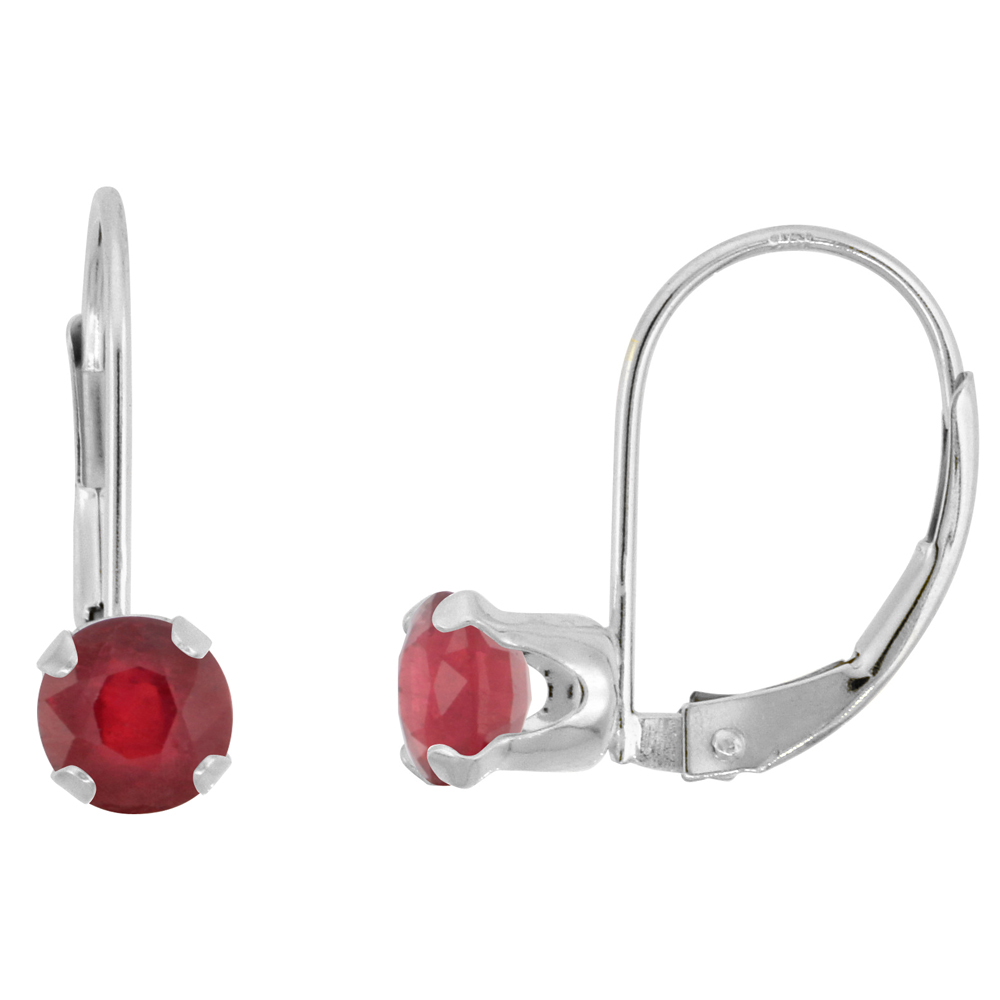 10k White Gold Enhanced Genuine Ruby Leverback Earrings 5mm Round 1 ct, 9/16 inch