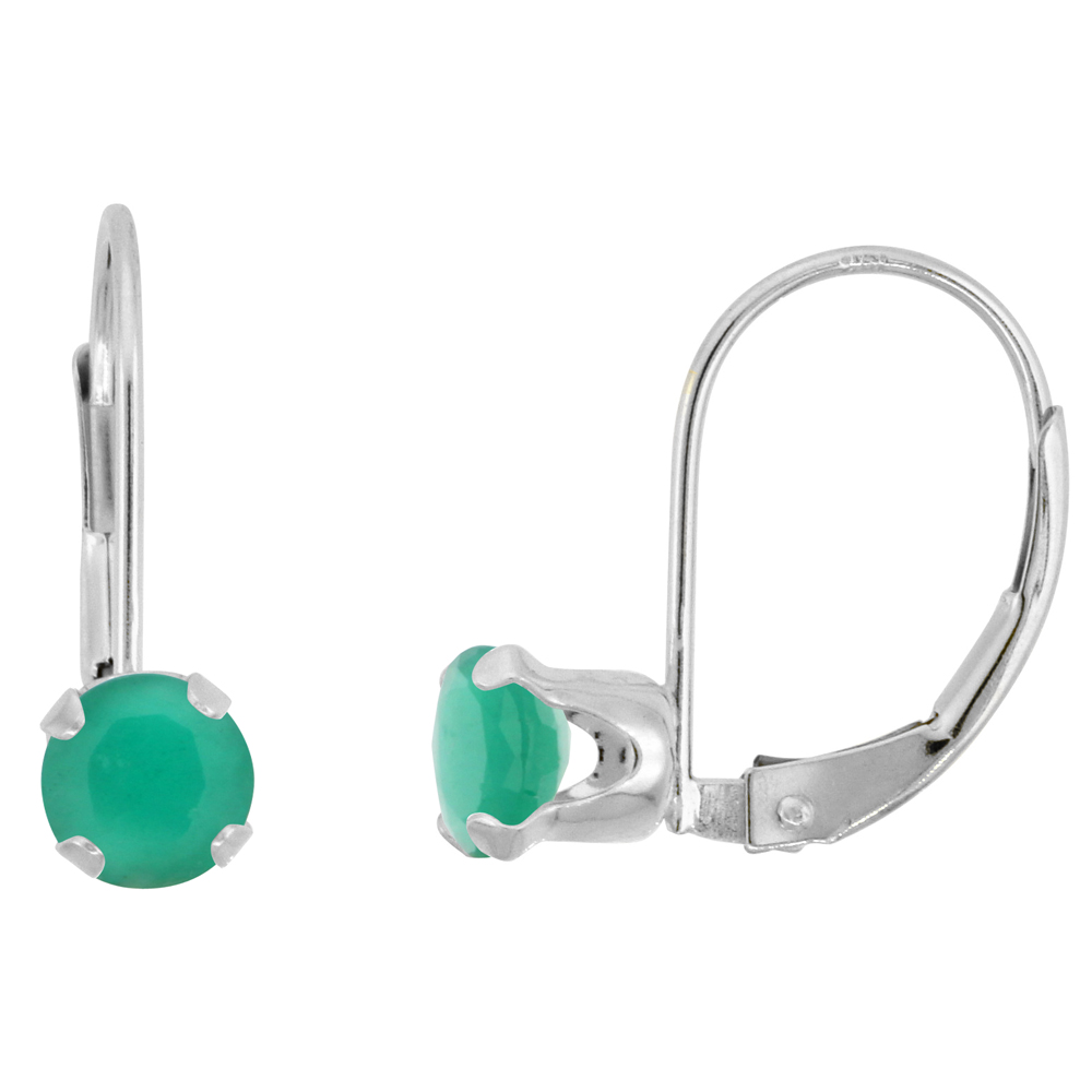 10K WHITE GOLD NATURAL EMERALD LEVERBACK EARRINGS 5MM ROUND 1 CT, 9/16 INCH