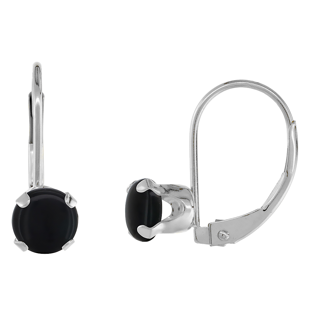 10K WHITE GOLD NATURAL BLACK ONYX LEVERBACK EARRINGS 6MM ROUND 1.5 CT, 9/16 INCH
