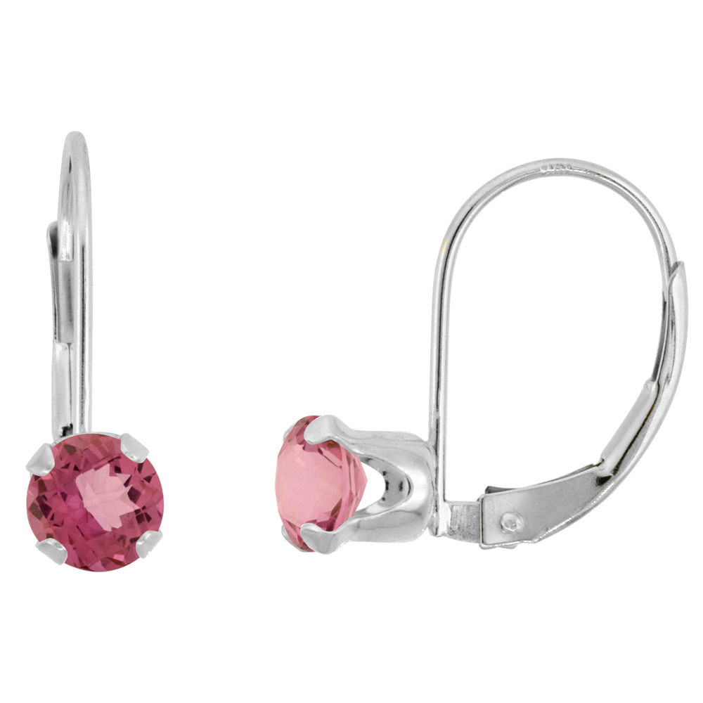 10k White Gold Natural Rhodolite Leverback Earrings 5mm Round 1 ct, 9/16 inch
