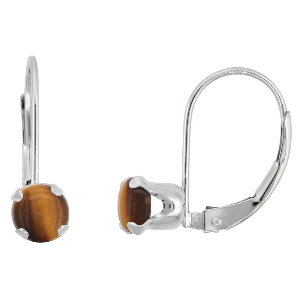 10K WHITE GOLD NATURAL TIGER EYE LEVERBACK EARRINGS 5MM ROUND 1 CT, 9/16 INCH