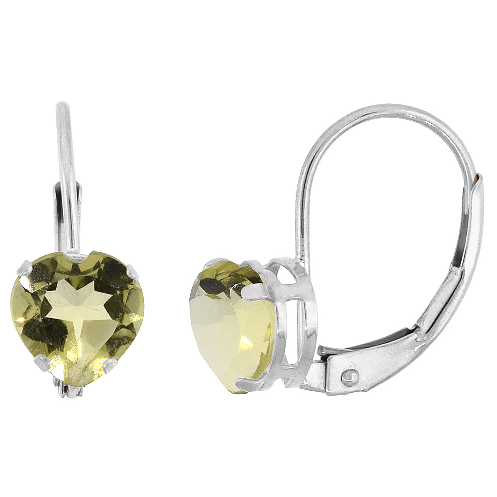 10K WHITE GOLD NATURAL LEMON QUARTZ LEVERBACK EARRINGS 6MM HEART SHAPE 1.5 CT, 9/16 INCH