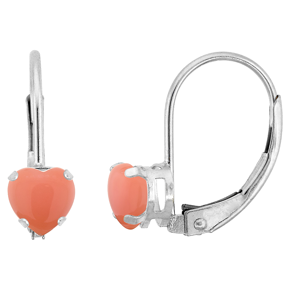 10K WHITE GOLD NATURAL CORAL LEVERBACK EARRINGS 4MM HEART SHAPE 0.50 CT, 9/16 INCH