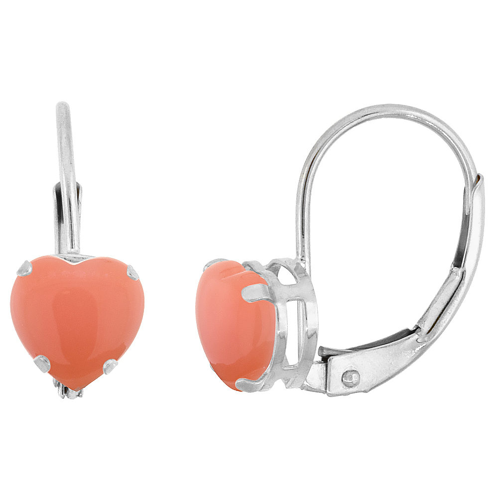 10k White Gold Natural Coral Leverback Earrings 6mm Heart Shape 1.5 ct, 9/16 inch