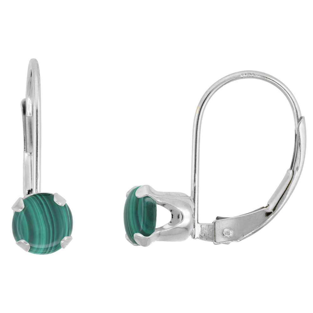 10K WHITE GOLD NATURAL MALACHITE LEVERBACK EARRINGS 5MM ROUND 1 CT, 9/16 INCH