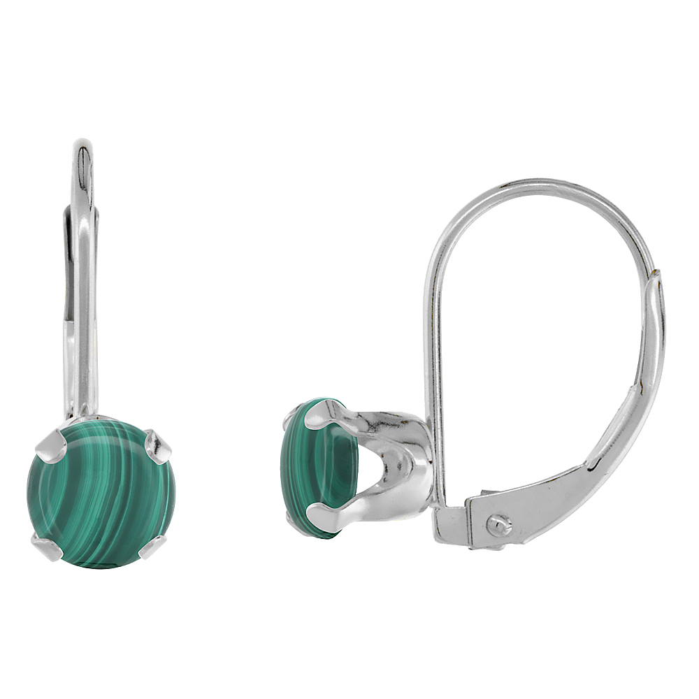10K WHITE GOLD NATURAL MALACHITE LEVERBACK EARRINGS 6MM ROUND 1.5 CT, 9/16 INCH