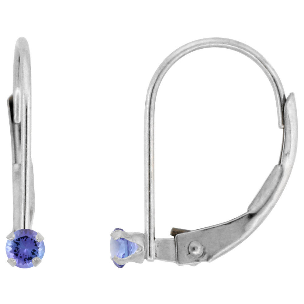 10k White Gold Natural Tanzanite Leverback Earrings 2mm Round 0.08 ct, 9/16 inch
