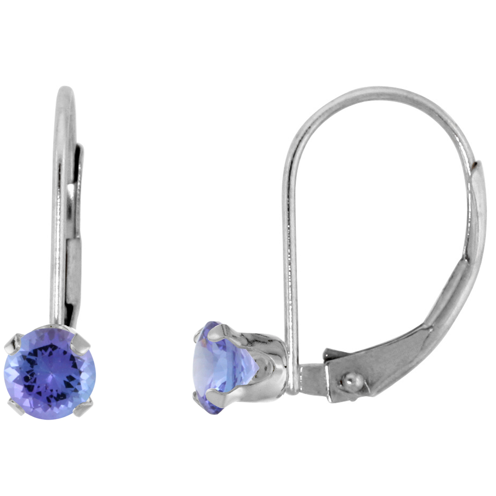 10k White Gold Natural Tanzanite Leverback Earrings 3mm Round 0.22 ct, 9/16 inch