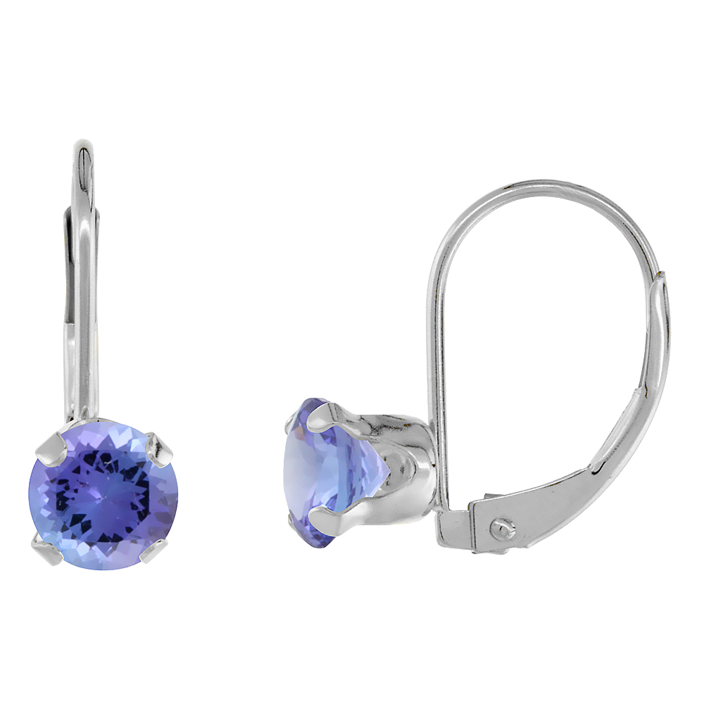 10K WHITE GOLD NATURAL TANZANITE LEVERBACK EARRINGS 6MM ROUND 1.5 CT, 9/16 INCH